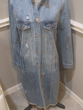 Tribal Long Light Wash Denim Trench Coat/Duster